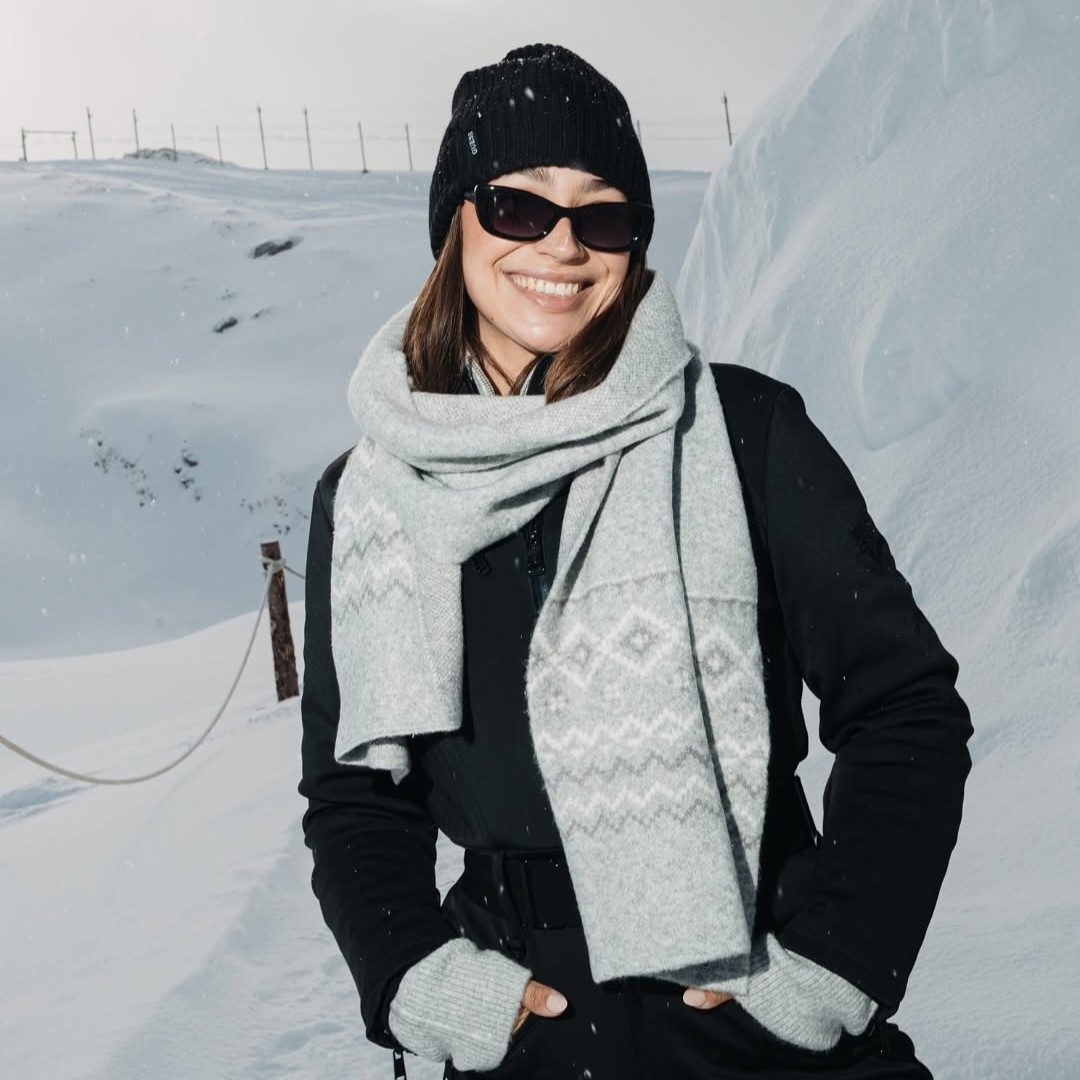 Guess scarf, glasses, and jacket